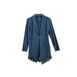 Soft Surroundings Fringed Jacket Small Teal Blue Mid Length Cotton Button Front